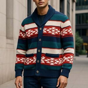 SUN + STONE  Men's Southwest Aztec Print  Cardigan Sweater-Sz Lg